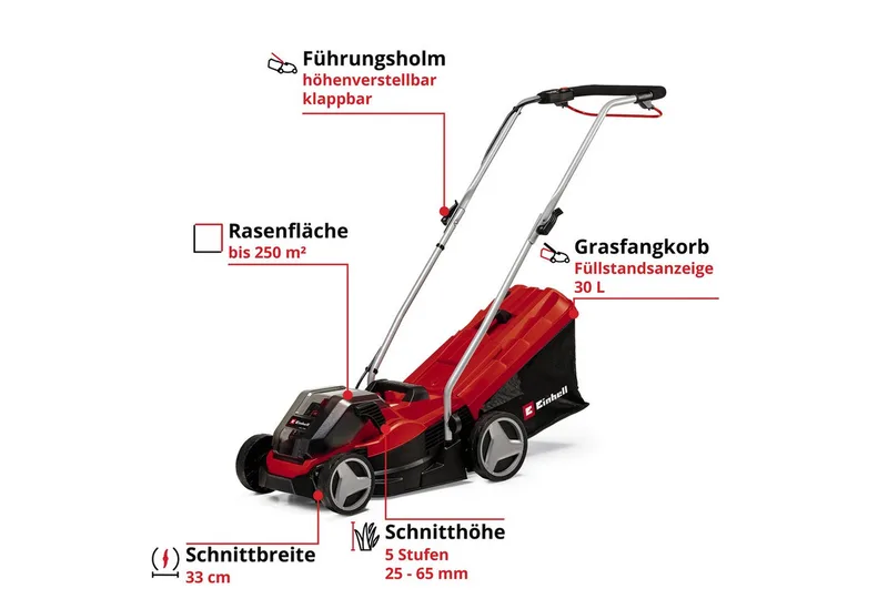 Accu Grasmaaier GE-CM 36/33 Li Kit - Power X-Change - 36 V/Li-ion - Maaibreedte 33 cm - Aanbevolen gazonoppervlakte: tot 250 m² - 30 L opvangbak - Maaihoogte: 25-65 mm - Incl. 2x 2.5Ah accu + 2x oplader van Einhell – productafbeelding 3 van 5