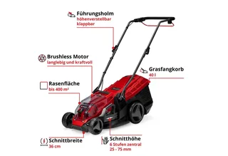 Accu Grasmaaier GE-CM 36/36 Li Kit - Power X-Change - 36 V/Li-ion - Maaibreedte: 36 cm - Aanbevolen gazonoppervlakte: tot 400 m² - 40 L opvangzak - Maaihoogte: 25-75 mm - Incl. 2x 4.0 Ah Accu en 2x laders de Einhell – image du produit 3 sur 4