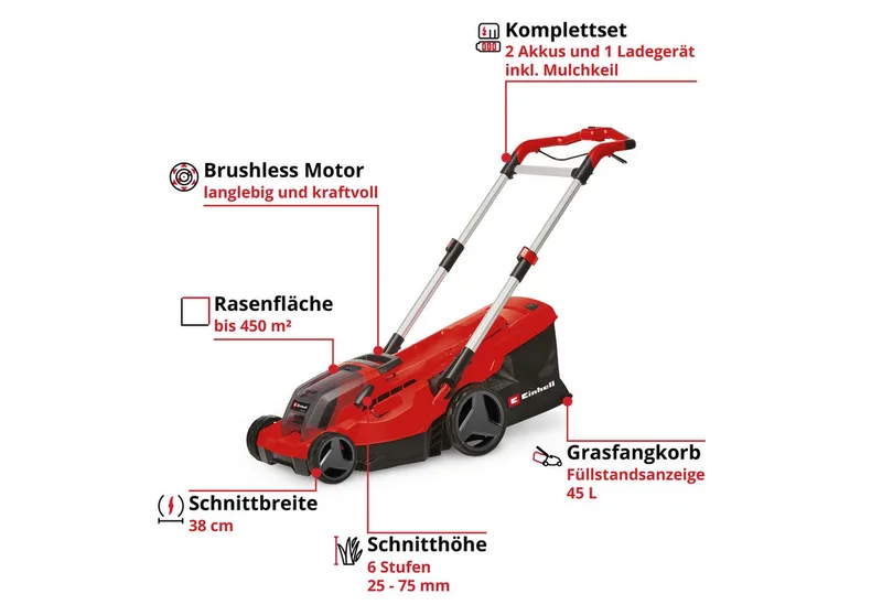 Accu Grasmaaier GP-CM 36/450 BL Kit - Power X-Change - 36 V/Li-ion - Maaibreedte: 38 cm - Aanbevolen gazonoppervlakte: tot 450 m² - Maaihoogte: 25-75 mm - Incl. 2x 4.0 Ah Accu en 1x DUO-lader by Einhell – product image 3 of 4