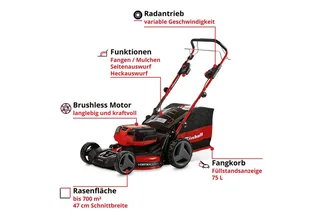Accu Grasmaaier GP-CM 36/47 S HW Li Kit - Power X-Change - 36 V/Li-ion - Maaibreedte: 47 cm - Aanbevolen gazonoppervlakte: tot 700 m² - Zelfrijdend - Mulching functie - Incl. 4x 4,0 Ah accu en 2x Twincharger by Einhell – product image 3 of 4