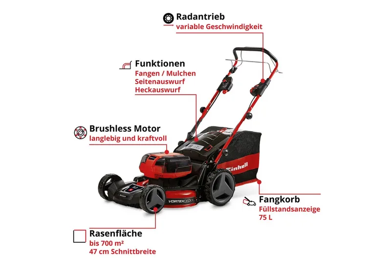 Accu Grasmaaier GP-CM 36/47 S HW Li Kit - Power X-Change - 36 V/Li-ion - Maaibreedte: 47 cm - Aanbevolen gazonoppervlakte: tot 700 m² - Zelfrijdend - Mulching functie - Incl. 4x 4,0 Ah accu en 2x Twincharger by Einhell – product image 3 of 4