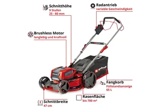 Accu Grasmaaier GP-CM 36/47 S Li BL Kit - Power X-Change - 36 V/Li-ion - Maaibreedte: 47 cm - Aanbevolen gazonoppervlakte: tot 700 m² - 65 L opvangzak - Maaihoogte: 25-80 mm - Incl. 4x 4.0 Ah Accu en 2x DUO-lader by Einhell – product image 3 of 4
