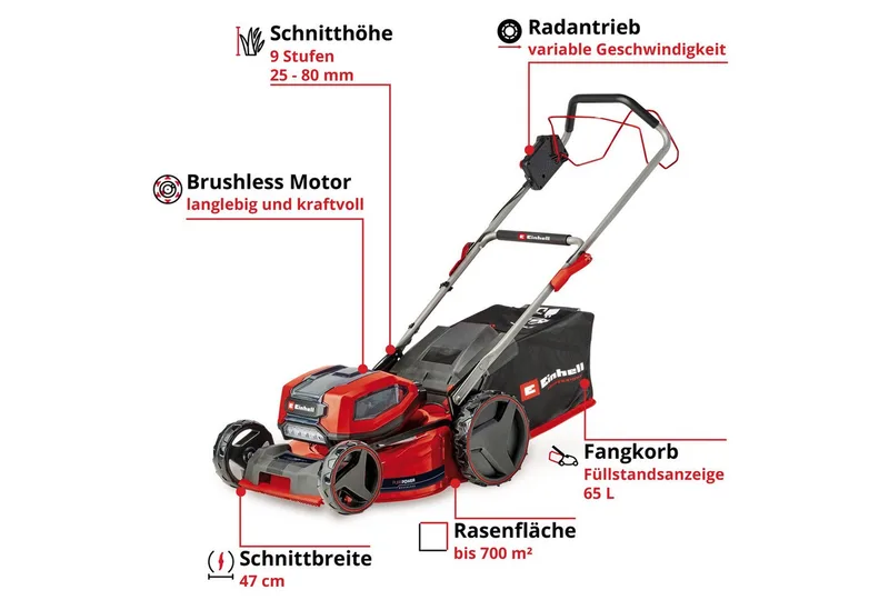 Accu Grasmaaier GP-CM 36/47 S Li BL Kit - Power X-Change - 36 V/Li-ion - Maaibreedte: 47 cm - Aanbevolen gazonoppervlakte: tot 700 m² - 65 L opvangzak - Maaihoogte: 25-80 mm - Incl. 4x 4.0 Ah Accu en 2x DUO-lader by Einhell – product image 3 of 4