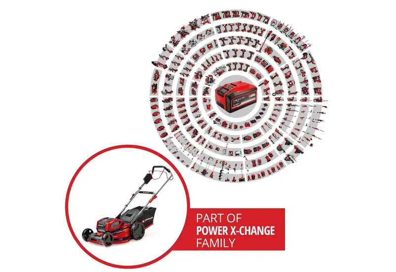 Accu Grasmaaier GP-CM 36/52 S BL Li Kit - Power X-Change - 36 V/Li-ion - Maaibreedte: 52 cm - Aanbevolen gazonoppervlakte: tot 1200 m² - 65 L opvangzak - Maaihoogte: 25-80 mm - Incl. 4x 5.2 Ah Accu en 2x DUO-lader de Einhell – image du produit 2 sur 4