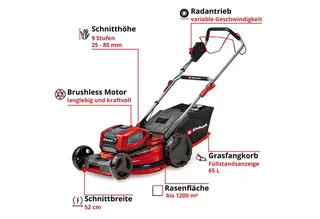 Accu Grasmaaier GP-CM 36/52 S BL Li Kit - Power X-Change - 36 V/Li-ion - Maaibreedte: 52 cm - Aanbevolen gazonoppervlakte: tot 1200 m² - 65 L opvangzak - Maaihoogte: 25-80 mm - Incl. 4x 5.2 Ah Accu en 2x DUO-lader de Einhell – image du produit 3 sur 4