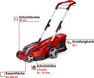 Accu Grasmaaier RASARRO 36/36 Li Kit - Power X-Change - 36 V/Li-ion - Maaibreedte 36 cm - Aanbevolen gazonoppervlakte: tot 400 m² - 45 L opvangbak - Maaihoogte: 25-75 mm - Incl. 2x 3.0 Ah Plus accu en 2 opladers by Einhell – product image 3 of 5
