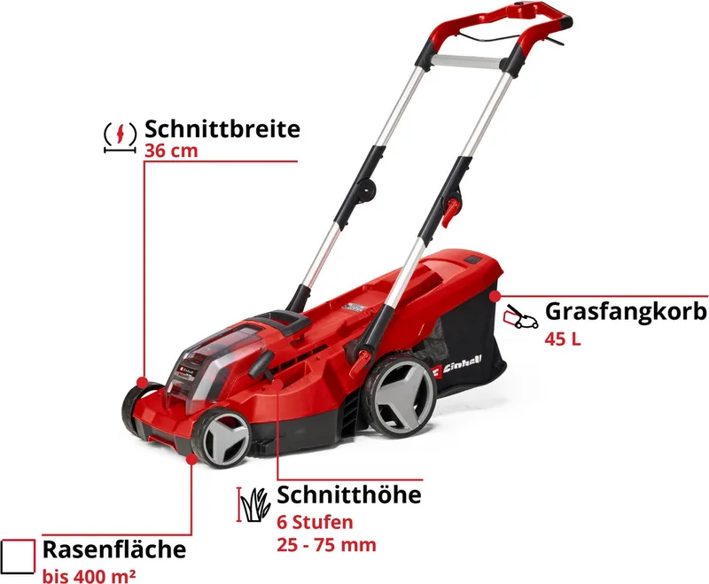 Accu Grasmaaier RASARRO 36/36 Li Kit - Power X-Change - 36 V/Li-ion - Maaibreedte 36 cm - Aanbevolen gazonoppervlakte: tot 400 m² - 45 L opvangbak - Maaihoogte: 25-75 mm - Incl. 2x 3.0 Ah Plus accu en 2 opladers by Einhell – product image 3 of 5