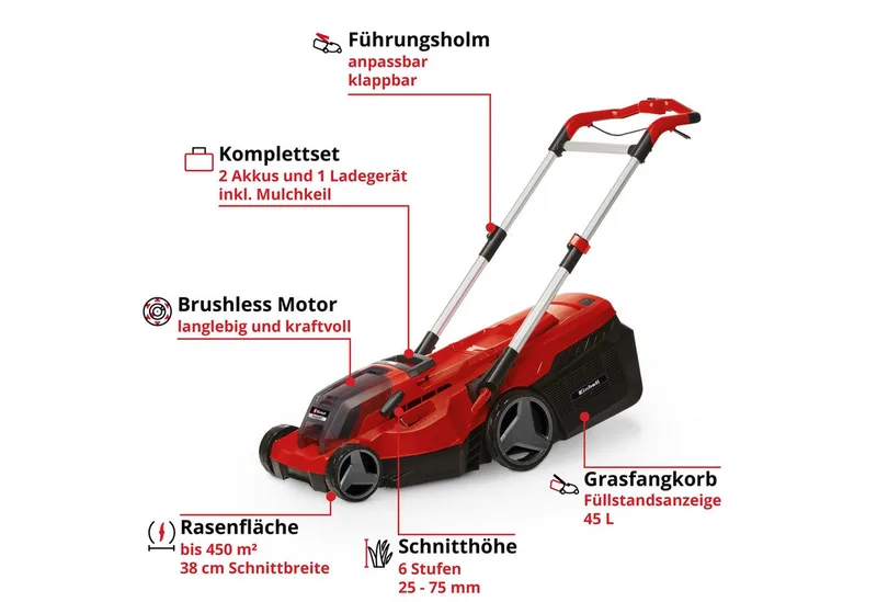 Accu Grasmaaier RASARRO 36/38 Li Kit - Power X-Change - 36 V/Li-ion - Maaibreedte 38 cm - Aanbevolen gazonoppervlakte: tot 450 m² - 45 L opvangbak - Maaihoogte: 25-75 mm - Mulching functie - Incl. 2x 4.0Ah + 1x DUO-lader de Einhell – image du produit 2 sur 4