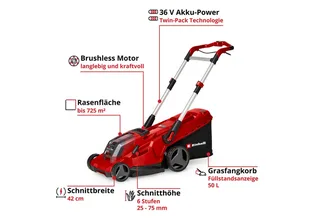 Accu Grasmaaier RASARRO 36/42 Li Kit - Power X-Change - 36 V/Li-ion - Maaibreedte 42 cm - Aanbevolen gazonoppervlakte: tot 725 m² - 50 L opvangbak - Maaihoogte: 25-75 mm - Mulching functie - incl. 2x 5.2Ah + 1x DUO-lader de Einhell – image du produit 3 sur 4