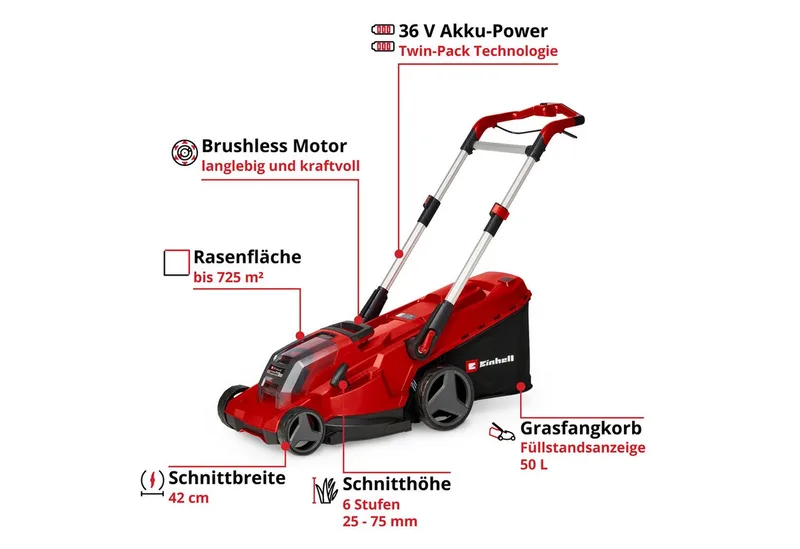 Accu Grasmaaier RASARRO 36/42 Li Kit - Power X-Change - 36 V/Li-ion - Maaibreedte 42 cm - Aanbevolen gazonoppervlakte: tot 725 m² - 50 L opvangbak - Maaihoogte: 25-75 mm - Mulching functie - incl. 2x 5.2Ah + 1x DUO-lader de Einhell – image du produit 3 sur 4