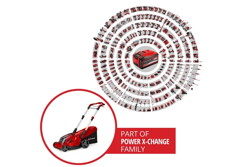 Accu Grasmaaier RASARRO 36/42 Li Kit - Power X-Change - 36 V/Li-ion - Maaibreedte 42 cm - Aanbevolen gazonoppervlakte: tot 725 m² - 50 L opvangbak - Maaihoogte: 25-75 mm - Mulching functie - incl. 2x 5.2Ah + 1x DUO-lader de Einhell – image du produit 2 sur 4