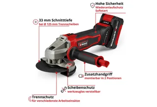 Accu Haakse Slijper TE-AG 18/125-2 Li Kit - Power X-Change - 18 V/Li-ion - Ø125 mm - 8.500 t/min - Max. Snijdiepte: 33 mm - Incl. 1x 4.0 Ah Accu en Lader fra Einhell – produktbillede 3 af 5