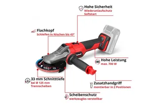 Accu Haakse Slijper TP-AG 18/125 F Li BL Solo - Power X-Change - 18 V/Li-ion - Ø125 mm - 8.500 t/min - Max. Snijdiepte: 33 mm - Vlakke kop - Excl. Accu, Lader en Slijpschijf van Einhell – productafbeelding 4 van 5
