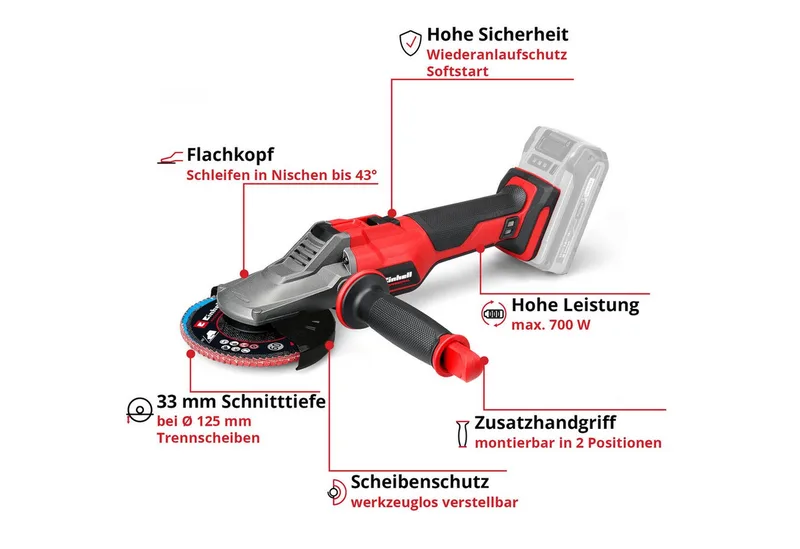 Accu Haakse Slijper TP-AG 18/125 F Li BL Solo - Power X-Change - 18 V/Li-ion - Ø125 mm - 8.500 t/min - Max. Snijdiepte: 33 mm - Vlakke kop - Excl. Accu, Lader en Slijpschijf van Einhell – productafbeelding 4 van 5
