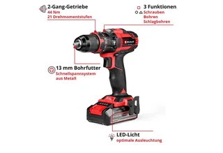 Accu Klopboor-/ Schroefmachine TE-CD 18/44 Li-i Kit - Power X-Change - 18 V/Li-ion - Met impactfunctie - 2 snelheden - 44 Nm - Incl. 1x 2,5 Ah accu en lader by Einhell – product image 4 of 5
