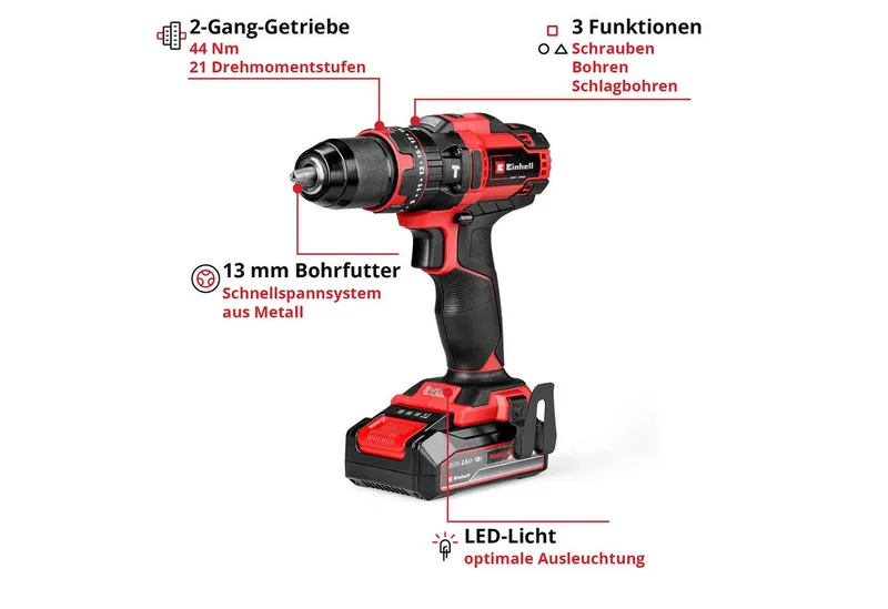 Accu Klopboor-/ Schroefmachine TE-CD 18/44 Li-i Kit - Power X-Change - 18 V/Li-ion - Met impactfunctie - 2 snelheden - 44 Nm - Incl. 1x 2,5 Ah accu en lader by Einhell – product image 4 of 5