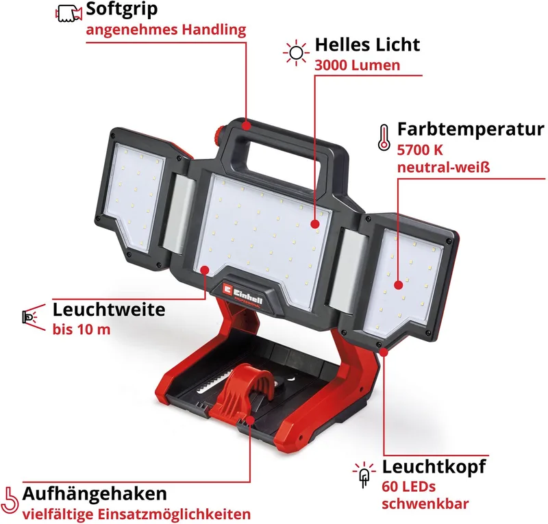 Accu Lamp TP-CL 18/3000 Li Set Solo - Power X-Change - 18 V/Li-ion - 3000 lm - 5700 K - 60 LED's - 270° lichtbereik - Incl. statief - Excl. accu en lader de Einhell, Rouge – image du produit 2 sur 5