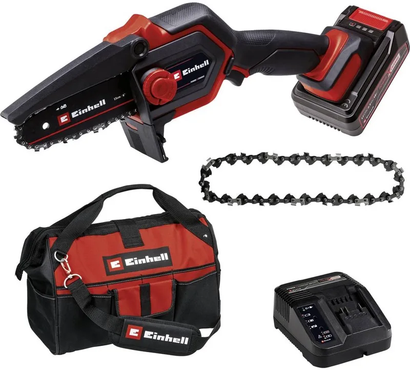 Accu Mini Kettingzaag GE-PS 18/15 Li Bag Kit - Power X-Change - 18 V/Li-ion - Koolborstelloze motor - Zwaardlengte: 20 cm - Max. Zaaglengte: 14 cm - Kettingsnelheid: 4,8 m/s - Incl. 1x 2.5 Ah accu, lader en tas de Einhell – image du produit