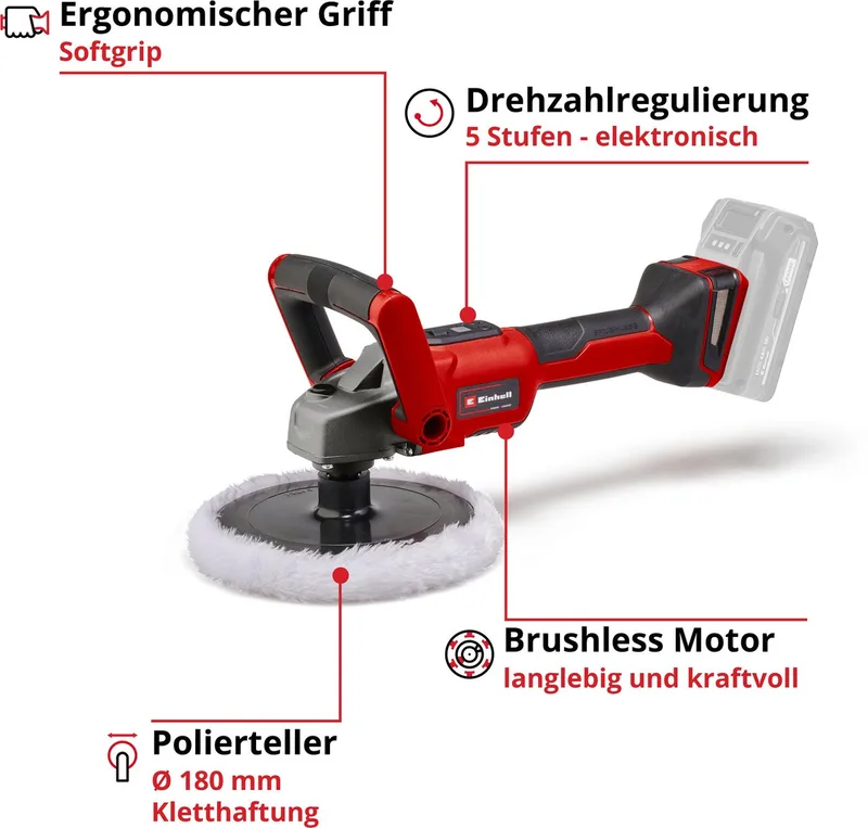 Accu Polijst-/Schuurmachine CE-CP 18/180 Li E BL Solo - Power X-Change - 18 V/Li-ion - 500-3.000 t/min - Ø180 mm - Incl. 2x polijstdoek, 6x schuurvellen (2x K60/2x K80/2x K120) - Excl. accu en lader de Einhell – image du produit 3 sur 5
