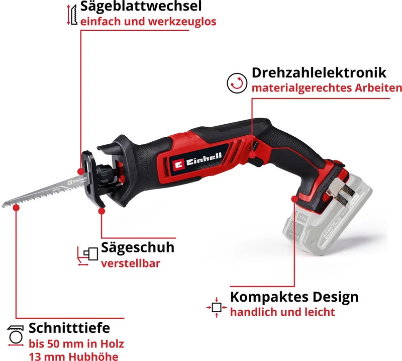 Accu Reciprozaag TE-AP 18/13 Li Solo - Power X-Change - 18 V/Li-ion - 0-3.000 t/min - Slaghoogte: 13 mm - Max. Zaagdiepte (hout/kunststof/metaal): 50/10/4 mm - Incl. 1x zaagblad voor hout en metaal - Excl. accu en lader by Einhell – product image 4 of 5