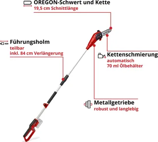 Accu Telescopische Kettingzaag GC-LC 18/20 Li T Solo - Power X-Change - 18 V/Li-ion - Zwaardlengte: 25 cm - Zaagsnelheid: 5,5 m/sec - Excl. Accu en lader van Einhell – productafbeelding 3 van 5
