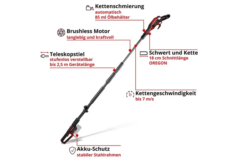 Accu Telescopische Kettingzaag GP-LC 18/20 Li T BL Solo - Power X-Change - 18 V/Li-ion - Zwaardlengte: 20 cm - Max. Zaaglengte: 18 cm - Kettingsnelheid: 7 m/s - Verlengbaar tot 250 cm - Excl. Accu en lader de Einhell – image du produit 3 sur 5