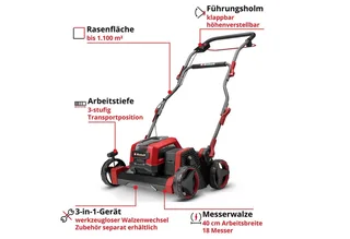 Accu Verticuteerder/Beluchter GP-SC 36/40 Li BL Solo - Power X-Change - 18 V/Li-ion - Werkbreedte: 40 cm - 18 messen - Tot 1100 m² op 1 acculading - Excl. accu en oplader by Einhell – product image 4 of 5