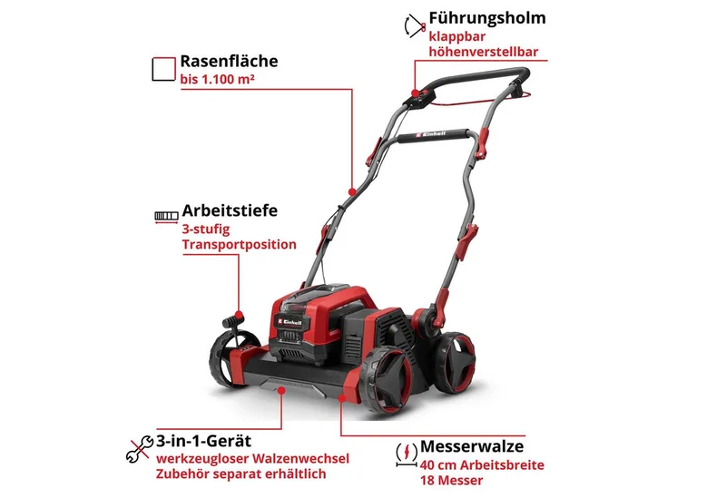 Accu Verticuteerder/Beluchter GP-SC 36/40 Li BL Solo - Power X-Change - 18 V/Li-ion - Werkbreedte: 40 cm - 18 messen - Tot 1100 m² op 1 acculading - Excl. accu en oplader by Einhell – product image 4 of 5