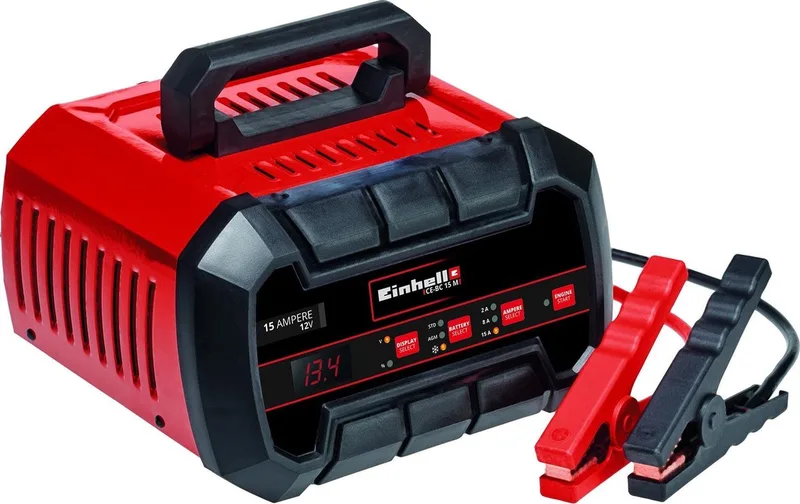 Acculader/Starter CE-BC 15 M - Laadvoltage: 12 V - Max. Laadstroom: 15 A - Accu's van min. 3 tot max. 300 Ah - Starthulp: 100 A (5 sec) - 2in1: Acculader en Starthulp - Geschikt voor Gel, AGM, Onderhoudsvrije loodzuur accu's van Einhell – productafbeelding