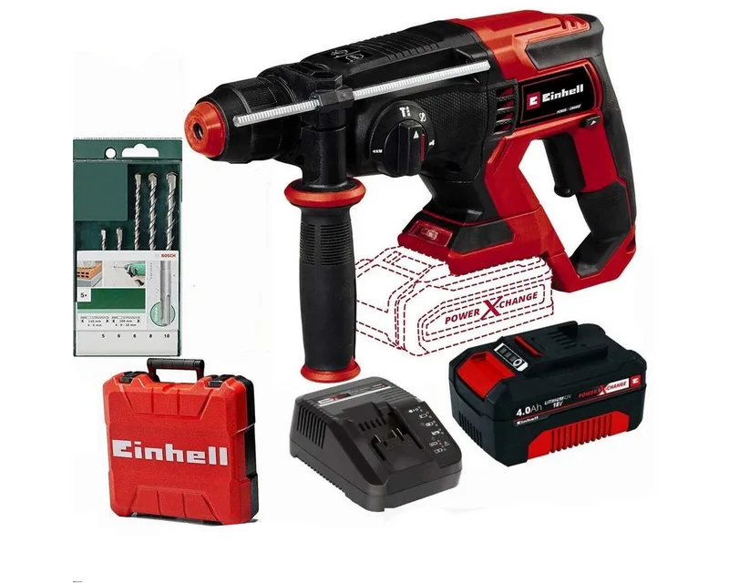 Akku-Bohrhammer Bohrhammer TE-HD 18/20 Li- 18V Akku 4.0 Ah + Boschl Bohrer Set 5 tlg. von Einhell – Produktbild