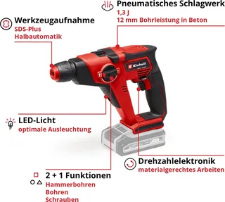 Akku-Bohrhammer TE-HD 18/12 Li - Solo, (2-tlg), ohne Akku und Ladegerät fra Einhell, Rød, Sort – produktbillede 3 af 5