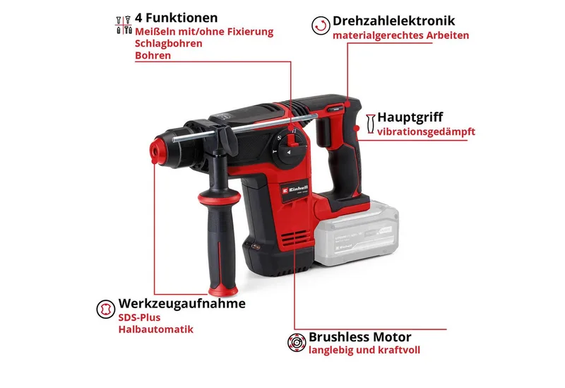 Akku-Bohrhammer TP-HD 18/26 Li BL - Solo, max. 1200 U/min, Power X-Change, ohne Akku und Ladegerät, Inkl. Aufbewahrungskoffer von Einhell, Rot – Produktbild 3 von 5