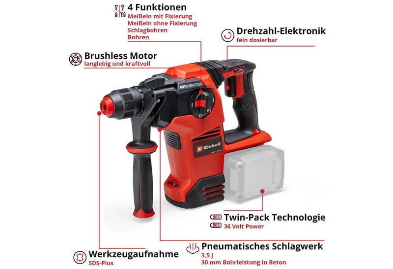 Akku-Bohrhammer TP-HD 36/30 Li BL +4 - Solo, ohne Akku und Ladegerät von Einhell, Rot – Produktbild 2 von 5