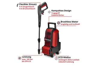 Akku-Hochdruckreiniger HYPRESSO 36/105 (2x4,0 Ah), Druck max: 70 bar, Fördermenge max: 270 l/h, inkl. Akku und Ladegerät de Einhell, Rouge, Noir – image du produit 3 sur 5