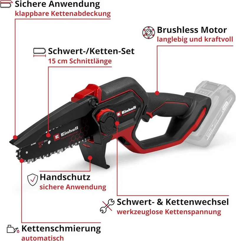 Akku-Kettensäge Ast Kettensäge GP-PS 18/20 Li BL-Solo Automatische Kettenschmierung fra Einhell – produktbillede 3 af 4