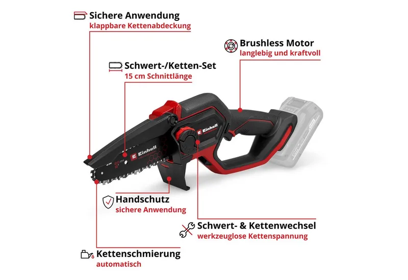 Akku-Kettensäge PROFESSIONAL Akku-Astkettensäge »GP-PS 18/20 Li BL« (1x4,0Ah), 19,2 cm Schwertlänge, Inkl. Akku und Ladegerät fra Einhell, Rød, Sort – produktbillede 2 af 2