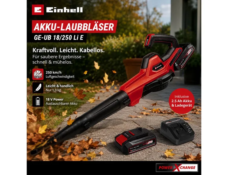 Akku-Laubbläser Universal Laubbläser GE-UB 18/250 Li E 18V mit Akku 2.5 Ah + Ladegerät van Einhell – productafbeelding 2 van 3