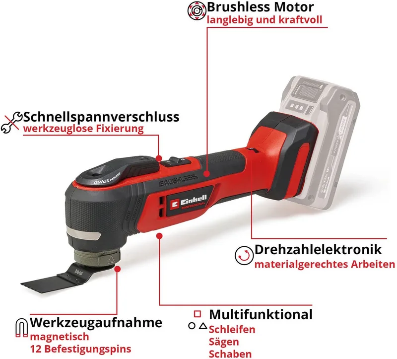 Akku-Multifunktionswerkzeug TP-MG 18 Li BL - Solo, 3 Funktionen: Schleifen, Sägen, Schaben, ohne Akku by Einhell, Red, Black – product image 2 of 5