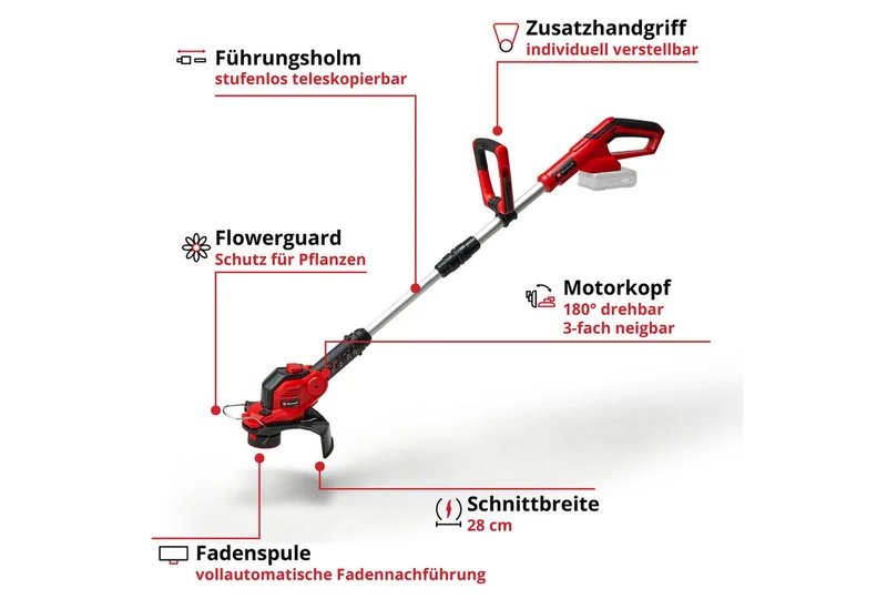 Akku-Rasentrimmer »GE-CT 18/28 Li« (1x 2,5 Ah), 28 cm Arbeitsbreite Faden, Inkl. Akku und Ladegerät de Einhell, Rouge, Noir – image du produit 3 sur 5