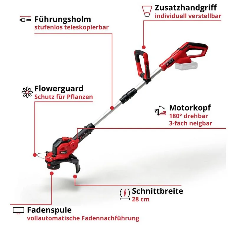 Akku-Rasentrimmer GE-CT 18/28 Li Set Akku Akku-Rasentrimmer inkl. Akku, Einstellbarer, inkl. Akku, Einstellbarer Holm, inkl. Ladegerät, mit Zubehör, Softgrif fra Einhell – produktbillede 2 af 5