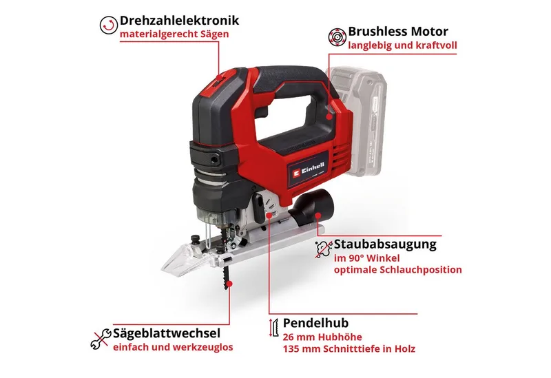 Akku-Stichsäge Professional Akku-Stichsäge TP-JS 18/135 Li BL - Solo, Packung, 2-St. van Einhell, Rood – productafbeelding 3 van 4