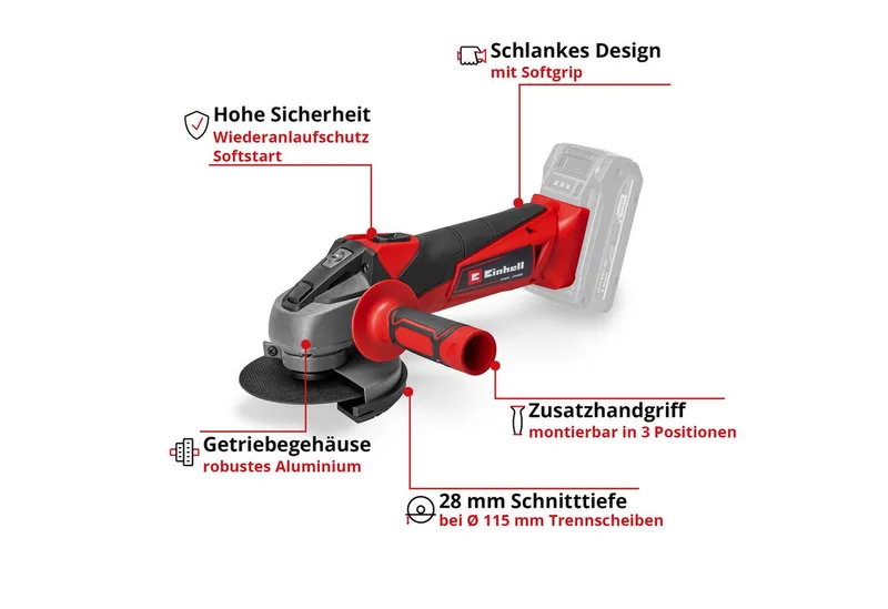 Akku-Winkelschleifer TC-AG 18/115 Li-Solo, max. 8500 U/min, Power X-Change, 115 mm, ohne Akku und Ladegerät de Einhell, Rouge, Noir – image du produit 2 sur 4