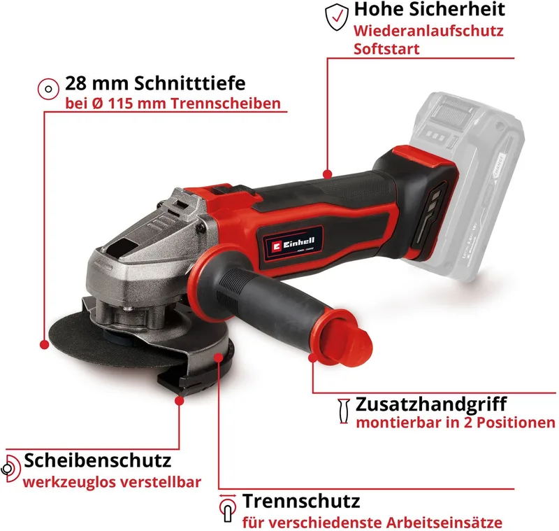 Akku-Winkelschleifer TE-AG 18/115-2 Li - Solo, ohne Akku und Ladegerät von Einhell, Rot – Produktbild 3 von 5