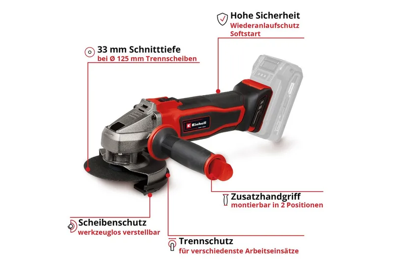 Akku-Winkelschleifer TE-AG 18/125-2 Li (1x4,0Ah), Inkl. Akku und Ladegerät fra Einhell, Rød, Sort – produktbillede 2 af 2