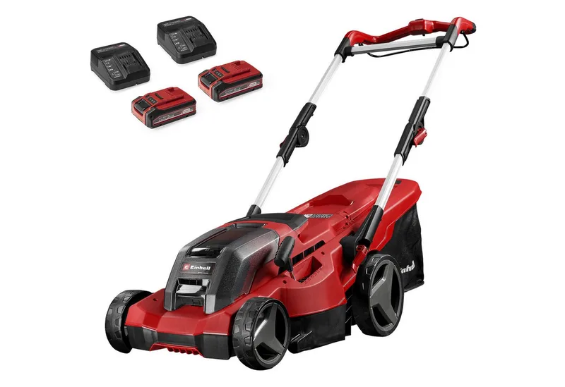 Akkurasenmäher EINHELL Power X-Change Akku-Rasenmäher GE-CM 36/37, 37 cm Schnittbreite, (2x Li-Ionen Plus Akku 4,0Ah) van Einhell, Rood – productafbeelding 1 van 5