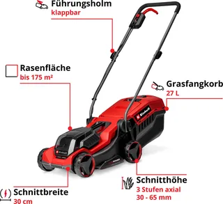 Akkurasenmäher GE-CM 18/30-1 Li BL-Solo, 30 cm Schnittbreite, ohne Akku und Ladegerät de Einhell, Rouge, Noir – image du produit 3 sur 5