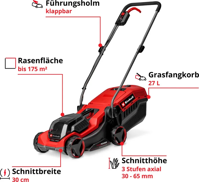 Akkurasenmäher GE-CM 18/30-1 Li BL-Solo, 30 cm Schnittbreite, ohne Akku und Ladegerät de Einhell, Rouge, Noir – image du produit 3 sur 5