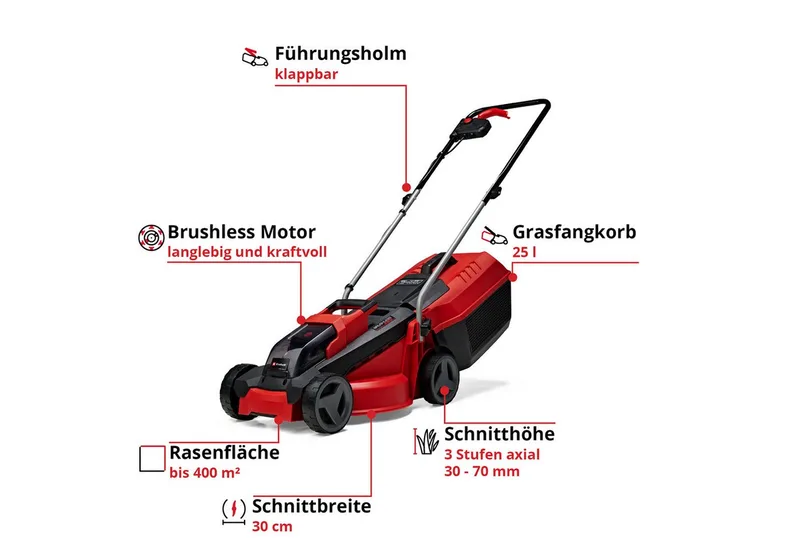 Akkurasenmäher GE-CM 18/30 Li-Solo, 30 cm Schnittbreite, ohne Akku und Ladegerät de Einhell, Rouge – image du produit 3 sur 4