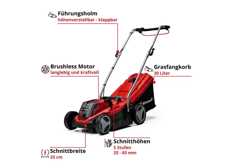 Akkurasenmäher GE-CM 18/33 Li-Solo, 33 cm Schnittbreite, ohne Akku und Ladegerät von Einhell, Rot – Produktbild 3 von 4