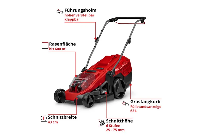Akkurasenmäher GE-CM 36/43 Li M (2x4,0Ah), 43 cm Schnittbreite, 2x4,0Ah von Einhell, Rot, Schwarz – Produktbild 3 von 4
